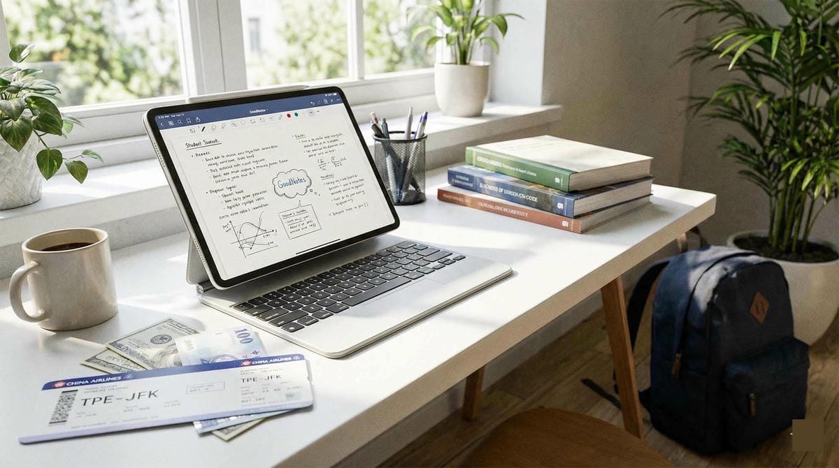 學生書桌上的 iPad 與華航機票象徵購機資金
